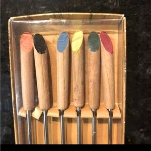 🧀 MCM 12 fondue forks vintage wood stainless 9.5" NOS NIB chocolate cheese